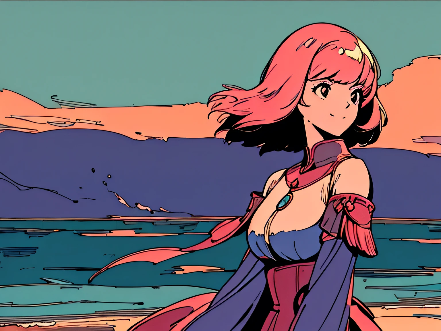 master piece, Europe, Pink Hair, fluffy bob cut, shoulder length, alone, Futuristic, yet, lofi, retro, dress, middle ages, Classicism, High resolution, ((ligit smile)), The wind is blowing, side shot, looking away, sunset,  high resolution, High resolution, side shot