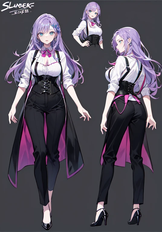 Purple hair,Long hair,Adult female,Bartender,((Body harness)),((Rolling up your sleeves shirt)),(Corset),(slacks),(slit),High heels,((Simple background)),Smile,((Full body)),((whole body)),Character Sheet,