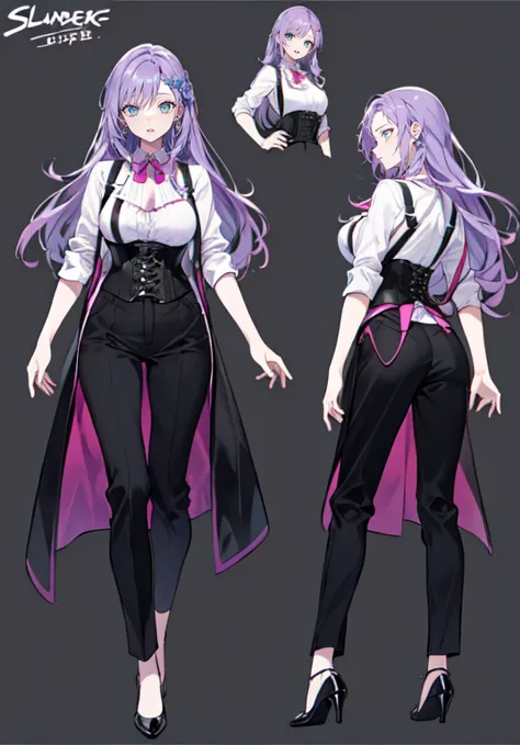 Purple hair,Long hair,Adult female,Bartender,((Body harness)),((Rolling up your sleeves shirt)),(Corset),(slacks),(slit),High he...