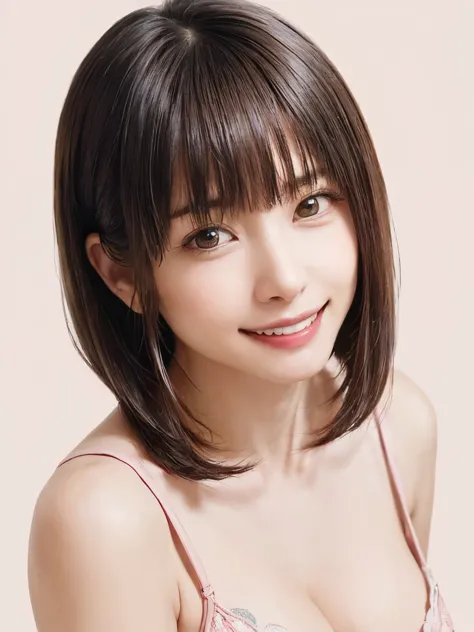 (Safe at Work:1.4、masterpiece, highest quality、Full of charm、Creates a transparent beauty),1 girl, Cute beauty、alone, have, Realistic, Realistic, Looking at the audience, Light brown eyes, Brunette short bob hair with highly detailed shiny hair:1.4, short ...