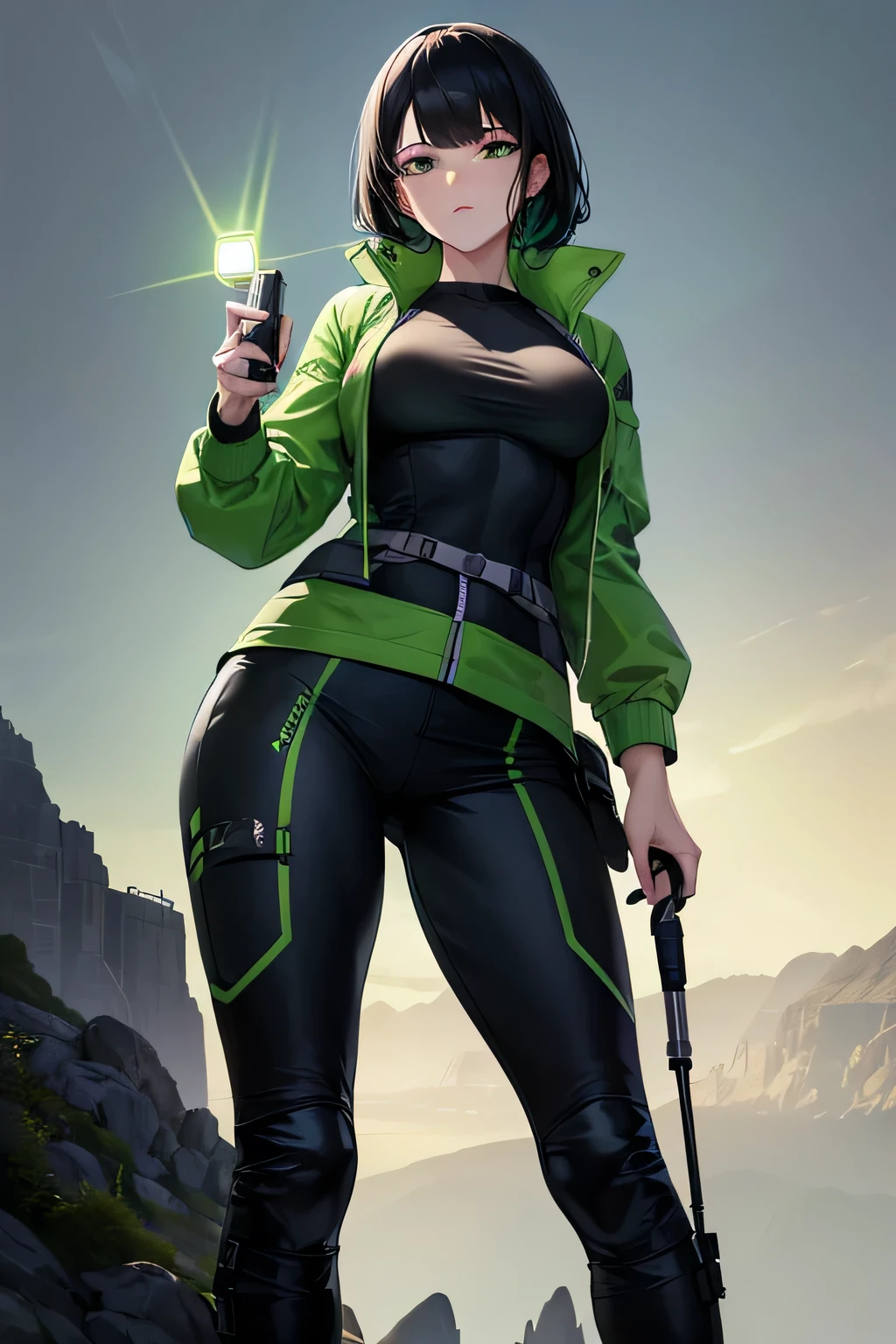 1 woman, futuristic, extremely detailed, looking at viewer(masterpiece, best quality:1.2)a woman holding a flashlight while hiking and wearing a green windbreaker with black tactical pants. flashing the light to see ahead, baggy pants, big pants