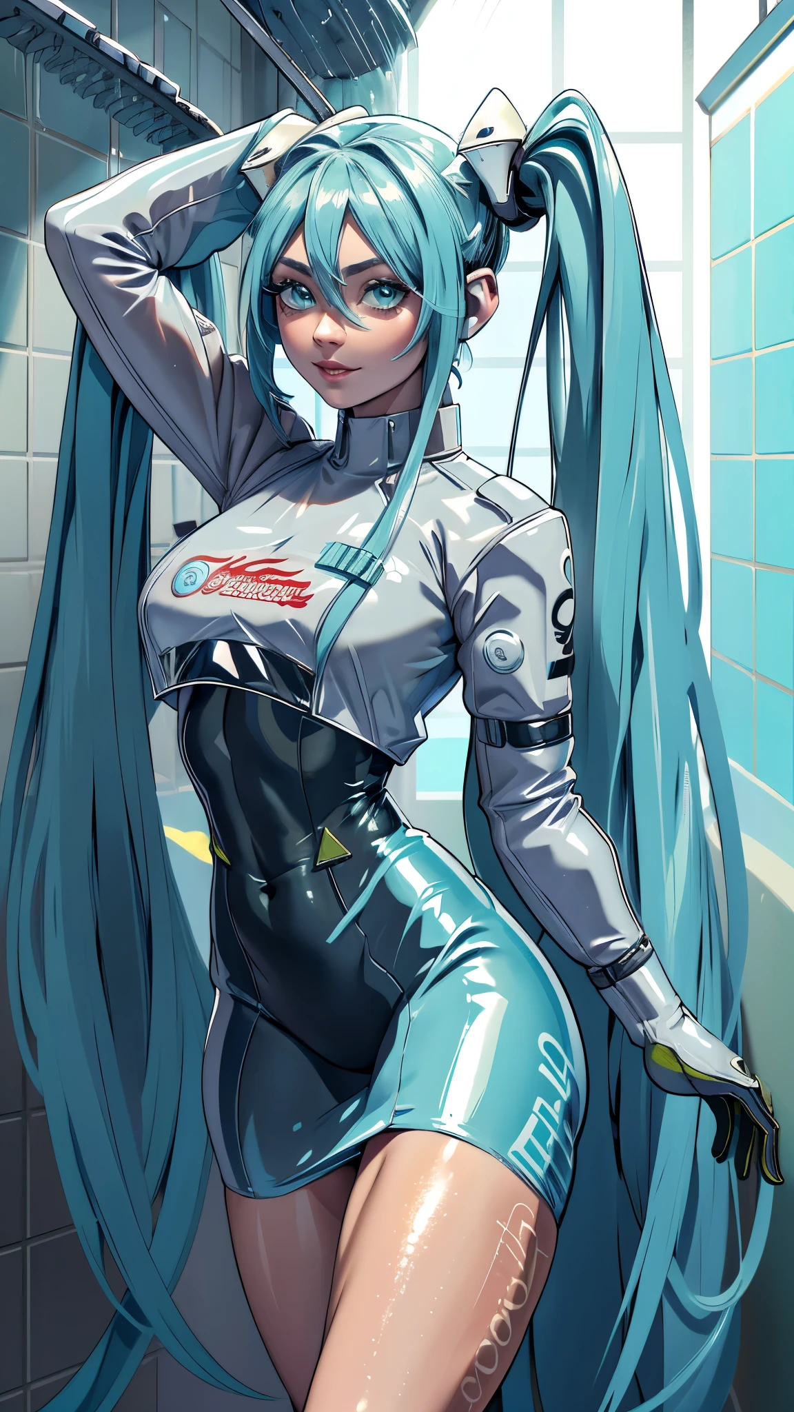 (La mejor calidad,A high resolution,Ultra - detallado,actual), Miku Hatsune dentro la ducha ,agua cayendo  ducha, pechos grandes, dynamic pose , pelo verde oscuro, (colas gemelas) , cabello muy largo, Put your arms behind your back, blue eyes, ojos brillantes, cara relajada, pelo de las cejas, cabello brillante,,(Bathroom shower background :1.4 ), piel brillante, una ligera sonrisa, Racing Miku, Body negro, chaqueta corta, chaqueta blanca, manga larga, guantes de dos tonos, botas altas de muslo,,(Fondo  nublado lluvia :1.4 ),(Obra maestra: 1.4), (8K, realista, foto cruda, La mejor calidad: 1.4),(Miku Hatsune:1.4), (Miku Hatsune V2.1), (Detalles de la cara: 1.5, (ojos azules hermosos :1.4) , hermoso rostro, ojos bonitos, Contorno del iris, labios delgados: 1.5, Thin, sharp pale eyebrows, Long, dark eyelashes, double tabs),(dedos detailed:1.4) , (Cinematic V2.1), (Large transparent soap bubbles:1.4), (perfect anatomy) , (no mutaciones), (colores brillantes) 