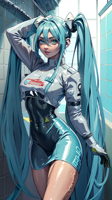 (La mejor calidad,A high resolution,Ultra - detallado,actual), Miku Hatsune dentro la ducha ,agua cayendo  ducha, pechos grandes...