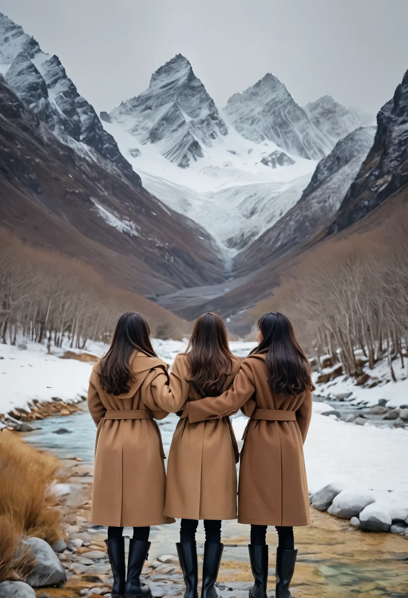 Montañas nevadas al fondo y un arroyo cristalino, 4 amigos abrazándose de espaldas a la cámara, a ninguna se le ve el rostro, Llevan abrigos largos y botas por el frío., Todos tienen cabello largo y ondulado de color marrón., maletas en mano
