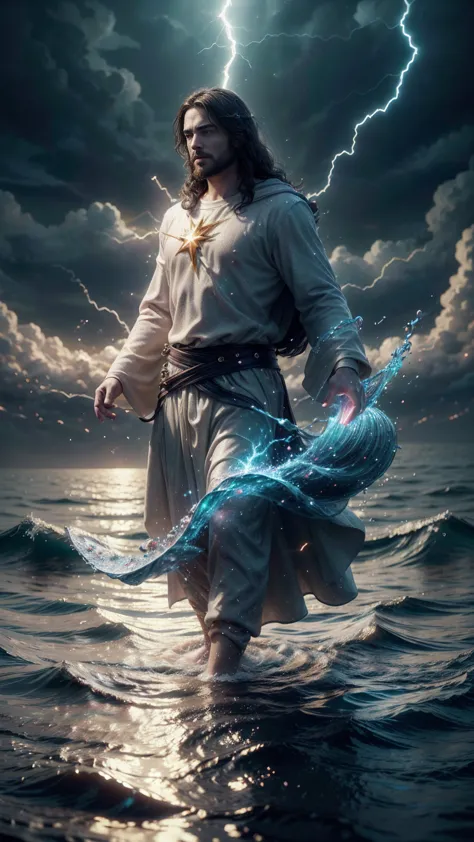 jesus christ walking on the water, ocean, furipus waves, striking an imposing pose radiating power and authority, surrounded by ...