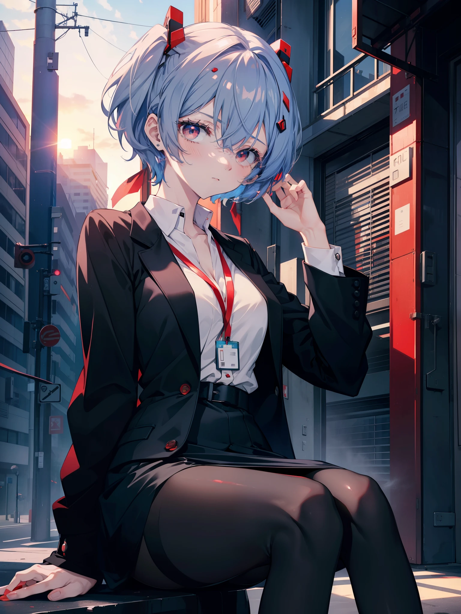 reiayanami, Rei Ayanami, Blue Hair, short hair, (Red eyes:1.5),blush,OL, end, Black suit jacket, Collared jacket, White dress shirt, Collared shirt, Neckline, button, strap, ID card on the neck, Black pencil skirt, Black Pantyhose,Stiletto heels,Business Bags,evening,sunset,whole body,avert your eyes,Embarrassing,blush,
Outdoor rest, city,Destroy a building area (masterpiece:1.2), highest quality, High resolution, unity 8k wallpaper, (shape:0.8), (Fine and beautiful eyes:1.6), Highly detailed face, Perfect lighting, Highly detailed CG, (Perfect hands, Perfect Anatomy),