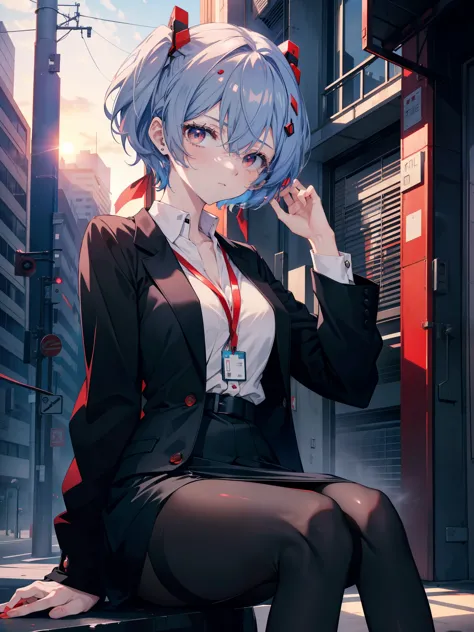 reiayanami, Rei Ayanami, Blue Hair, short hair, (Red eyes:1.5),blush,OL, end, Black suit jacket, Collared jacket, White dress sh...