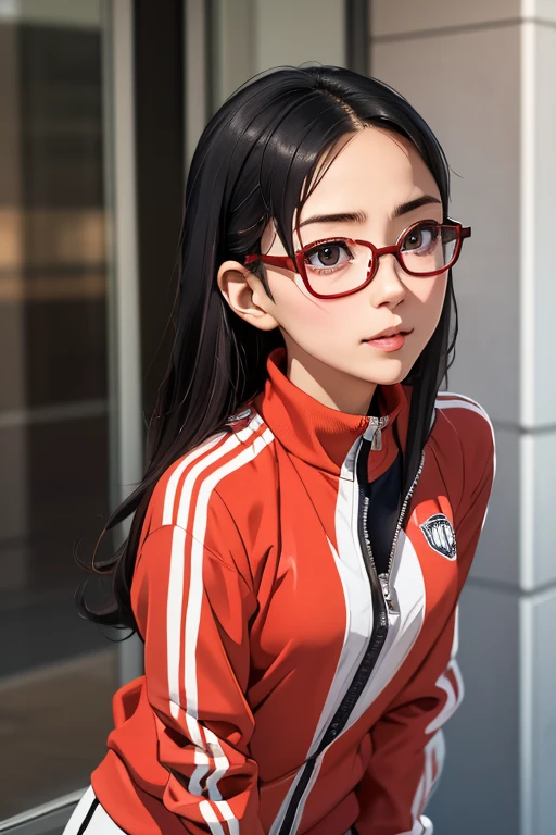 (masterpiece, highest quality), One Girl,  Satou, Satou, Glasses, 赤いフレームのGlasses, Under-rim eyewear, Satou, Glasses, 赤いフレームのGlasses, Under-rim eyewear, Track jacket, Track pants,Head to Chest,