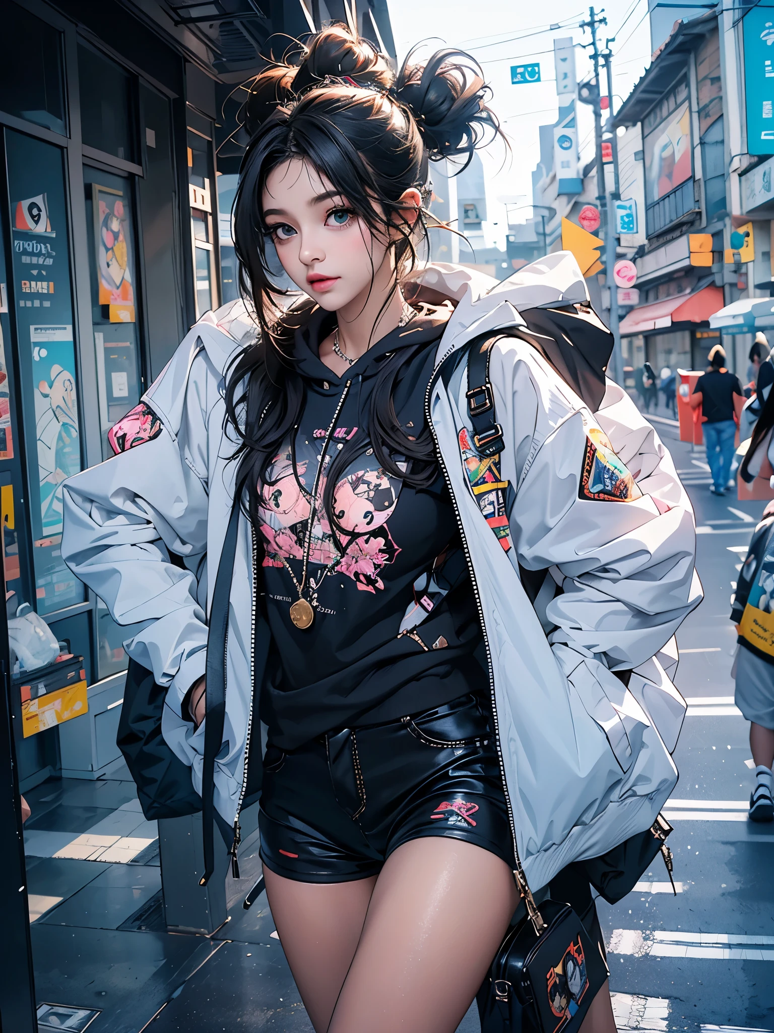 garota anime com roupa futurista com orelhas de gato e fones de ouvido, linda garota com partes ciborgue, Arte digital de anime cyberpunk, garota de anime cyberpunk mech, female, linda garota ciborgue, perfect android girl, portrait anime space cadet girl, corpo inteiro, decote, jaqueta bolha, olhos vermelhos, tatuagem nas pernas, seios grandes, tenis de cano alto
