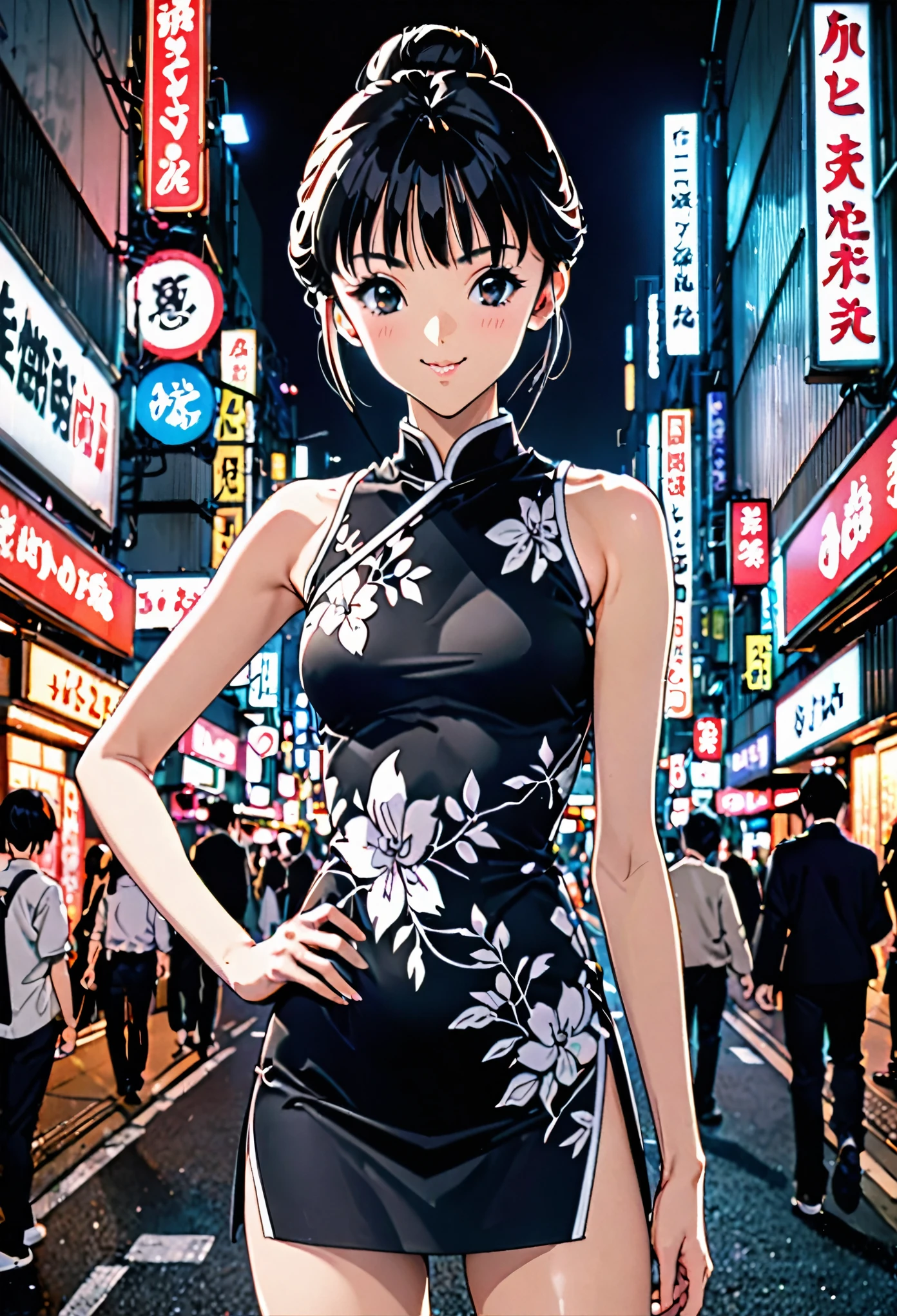 ((high quality anime, 8k,masterpiece,Perfect Anatomy)),cowboy shot,1 female,(beautiful detailed face and eyes,gorgeous eye:1.3,black eyes),The perfect 20 years old,Black Hair、Straight hair,short hair,blunt bangs,1bun,smile,small breasts,small face:1.5,slender body,skinny,Sexy Chinese Dress、Lots of exposure、Deep slit、on street,Shibuya、Tokyo、Outdoor、at night、Neon lights、