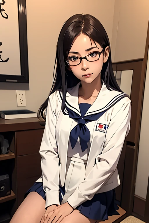 (chef-d&#39;œuvre, la plus haute qualité), une fille,  satou, satou, Lunettes, 赤いフレームのLunettes, costume de marin, satou, Lunettes, 赤いフレームのLunettes, Tête à la poitrine,