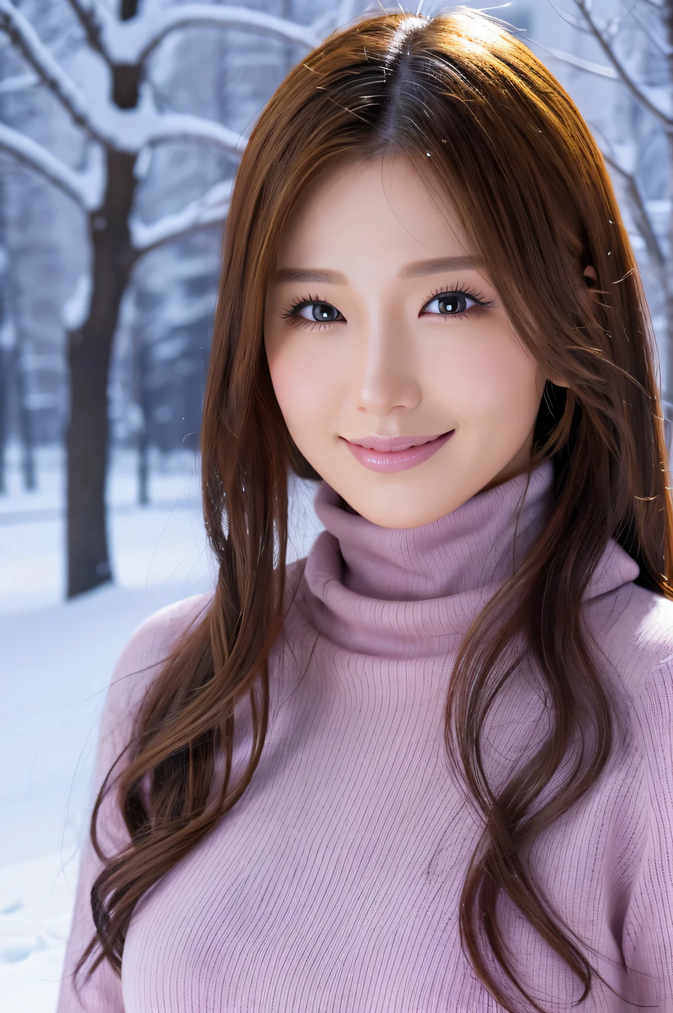 (table top、highest quality、8k、Award-winning work、ultra high resolution)、one beautiful woman、(Turtleneck long knitted sweater dress and thick fur coat:1.2)、Exactly、brown hair、(The most natural and accurate pink long scarf:1.2)、Very long wavy hair、epic movie lighting、(romantic love feeling:1.1)、(The most romantic and moody atmosphere:1.1)、winter、snow scene、snowing、Norwegian city covered in snow、look at me、(Big breasts that are about to explode:1.1)、(Most emphasize the body line:1.1)、very long hair、blurred background、accurate anatomy、ultra high definition hair、Perfect and beautiful teeth in ultra high resolution、Ultra high definition beauty face、ultra high definition hair、Super high-definition sparkling eyes、Shining, ultra high-resolution beautiful skin、ultra high resolutionの艶やかな唇、(close up of face:1.3)
