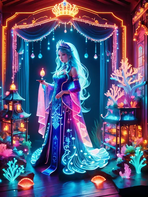 (Neon)，Circuit Board，Underwater castle, Glowing coral, Aquatic plants, Elegant fish, Vibrant colors, (Brightly lit, illuminate), Scenes, central, Gorgeous shell throne, Exquisite mermaid queen, Delicate face, Decorated with pearl and shell jewelry, Loyal s...