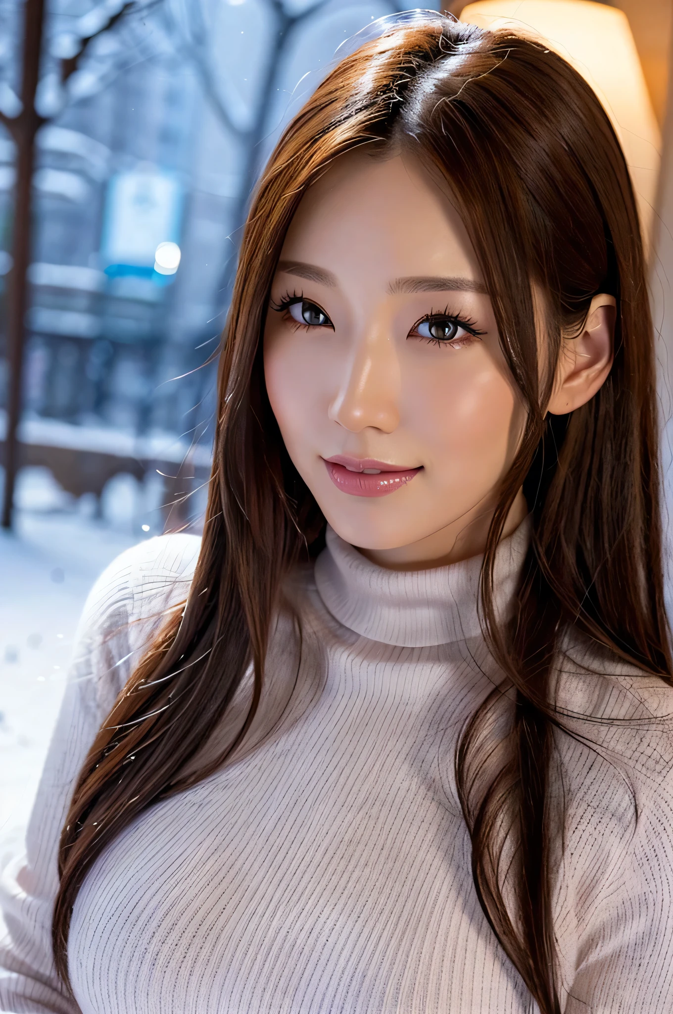 (table top、highest quality、8k、Award-winning work、ultra high resolution)、one beautiful woman、(Turtleneck long knitted sweater dress and thick fur coat:1.2)、Exactly、brown hair、(The most natural and accurate pink long scarf:1.2)、Very long wavy hair、epic movie lighting、(romantic love feeling:1.1)、(The most romantic and moody atmosphere:1.1)、winter、snow scene、snowing、Norwegian city covered in snow、look at me、(Big breasts that are about to explode:1.1)、(Most emphasize the body line:1.1)、very long hair、blurred background、accurate anatomy、ultra high definition hair、Perfect and beautiful teeth in ultra high resolution、Ultra high definition beauty face、ultra high definition hair、Super high-definition sparkling eyes、Shining, ultra high-resolution beautiful skin、ultra high resolutionの艶やかな唇、(close up of face:1.3)