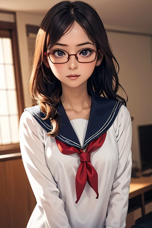 (masterpiece, highest quality), One Girl,  Satou, Satou, Glasses, 赤いフレームのGlasses, Sailor suit, Satou, Glasses, 赤いフレームのGlasses, Head to Chest,