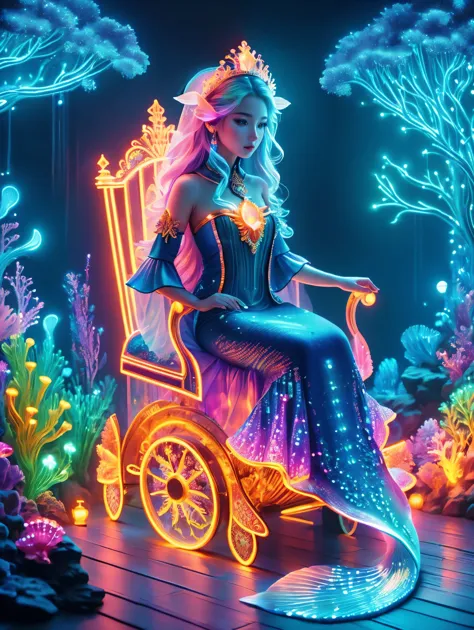 (Neon)，Circuit Board，(Underwater castle), Glowing coral, Aquatic plants, Elegant fish, Vibrant colors, (Brightly lit, illuminate), Scenes, central, (Gorgeous shell throne), (Exquisite mermaid queen:1.3), (Delicate face), Decorated with pearl and shell jewe...