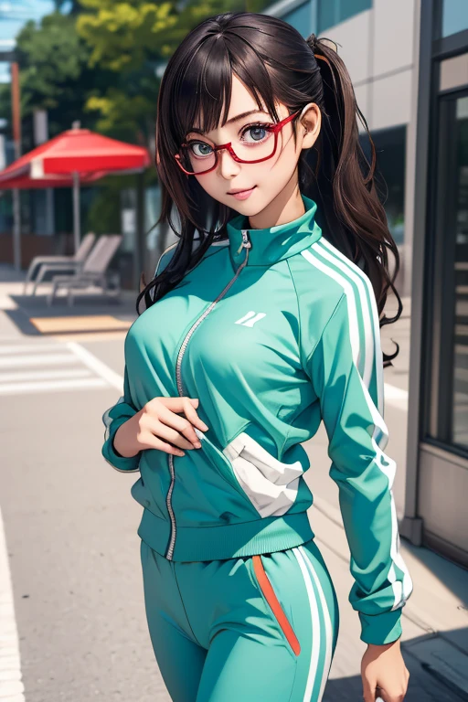 (masterpiece, highest quality), One Girl,  Satou, Satou, Glasses, 赤いフレームのGlasses, Under-rim eyewear, Satou, Glasses, 赤いフレームのGlasses, Under-rim eyewear, Track jacket, Track pants,Head to Chest,