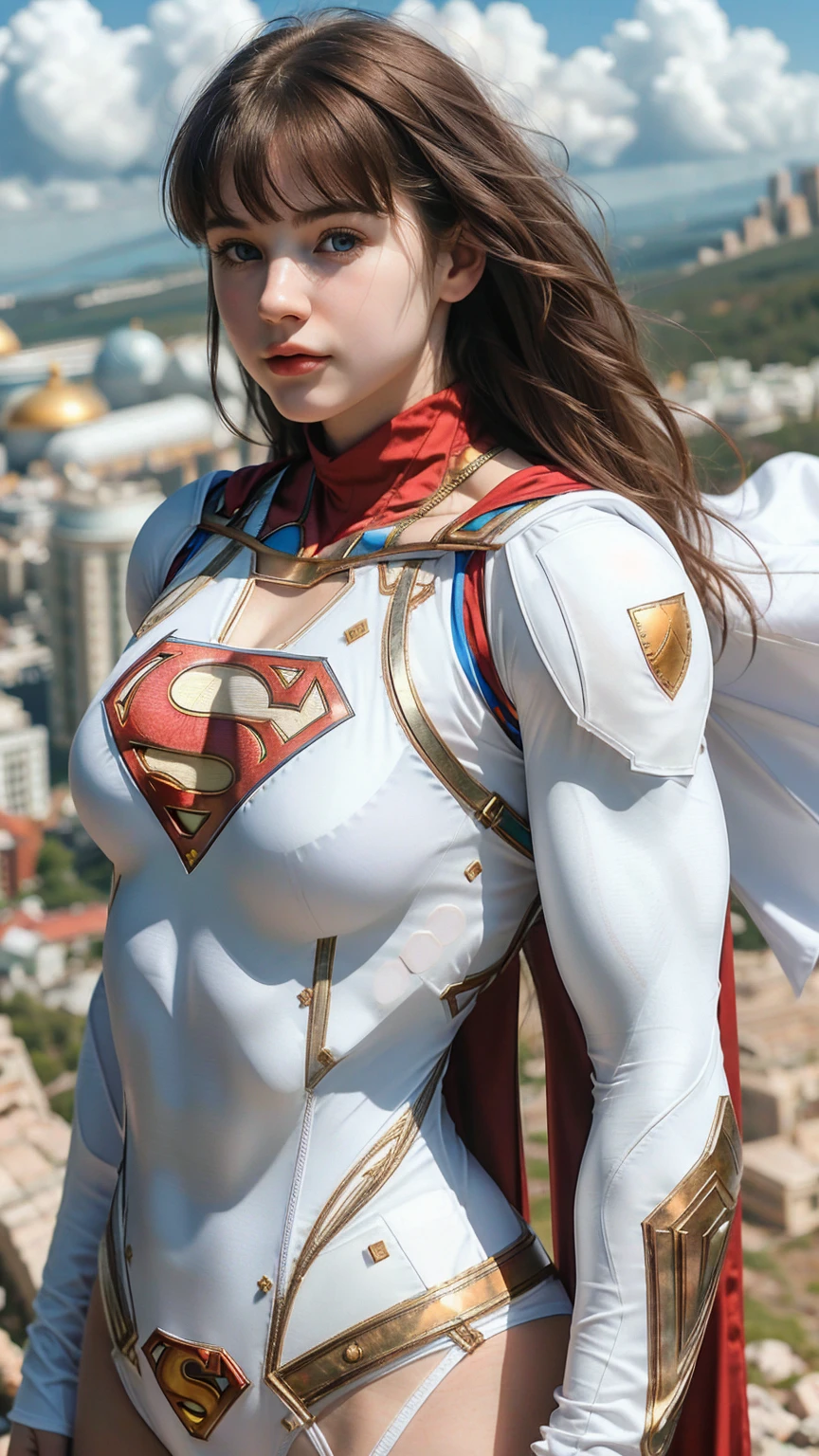 1 chica, Hermoso, Cara de bebé ruso, 20 años, piel blanca, Grandes cofres colosales, posando, escote, Sin mangas, ((Traje de Superman realista)), ((cosplay de superhombre)), ((músculos:1.3)), Fondo de la cima de la montaña, mirada sexy, ((bokeh:1.1)), cabello muy largo, flequillo de pelo, Color falso