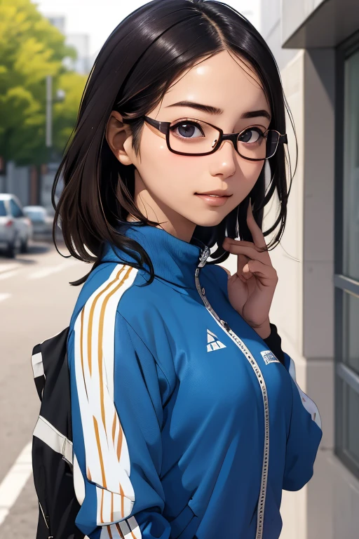 (masterpiece, highest quality), One Girl,  Satou, Satou, Glasses, 赤いフレームのGlasses, Under-rim eyewear, Satou, Glasses, 赤いフレームのGlasses, Under-rim eyewear, Track jacket, Track pants,Head to Chest,