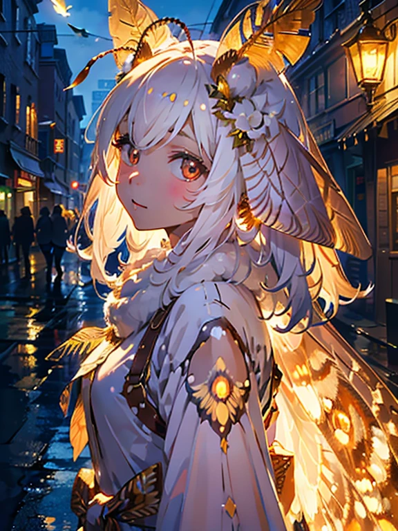 solo,1lady\(cute,kawaii,small kid,skin color white,short white hair,(big moth wing hair:1.7),white dress\(beautiful race\),(2moth antennaes at hair:1.8),[moth wing on back:2.0],[moth wing on body:2.0],[moth wings:2.0],[extra arm],moth wing is only at hair,breast,dynamic pose,spit out silk from mouth,spun\),background\(night,moon,((beautiful street light))\), BREAK ,quality\(8k,wallpaper of extremely detailed CG unit, ​masterpiece,hight resolution,top-quality,top-quality real texture skin,hyper realisitic,increase the resolution,RAW photos,best qualtiy,highly detailed,the wallpaper,cinematic lighting,ray trace,golden ratio,\),bust up shot