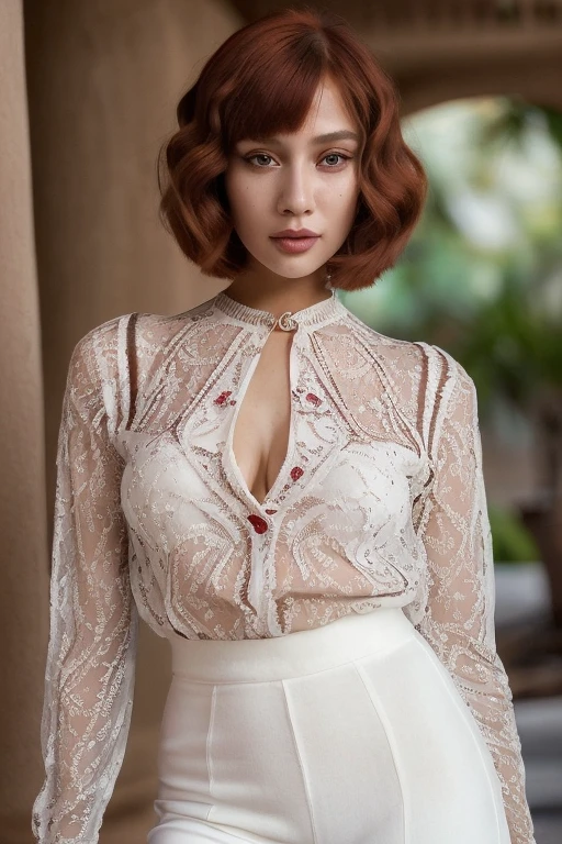 "(best quality,high resolution),Portraits,vibrant colors,beautiful detailed eyes,beautiful detailed lips,red bob haircut,brown eyes,mini white blouse,black pants,slim,tall,excellent appearance"