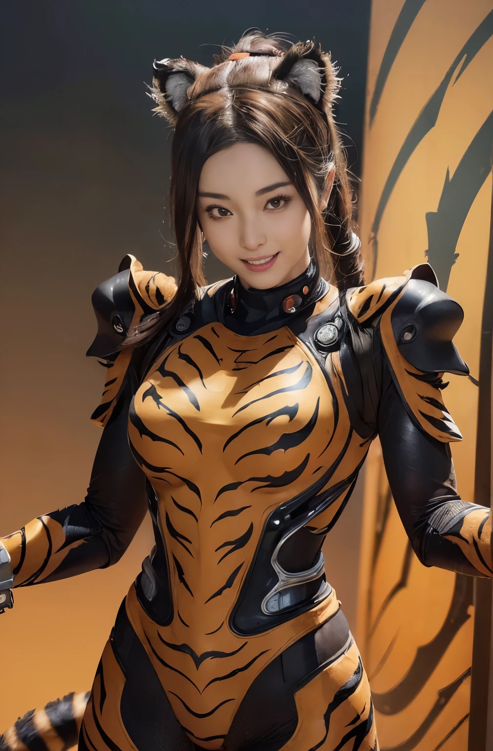 (high resolution,masterpiece,best quality,extremely detailed CG, anime, official art:1.4), realistic, photo, amazing fine details, all intricate, gloss and shiny,awesome many layers, 8k wall paper, 3d, sketch, kawaii, illustration,( solo:1.4), perfect female proportion,villainess, (fusion of tiger and lady:1.4), (tiger form lady:1.2), (tiger lady:1.2), (fusion:1.2), (solo:1.4), (evil smile:1.2), muscular, abs, (tiger exoskeleton bio insect suit:1.4), (tiger exoskeleton bio insect armor:1.2), (tiger tail:1.4), (tiger ear:1.3), big breasts