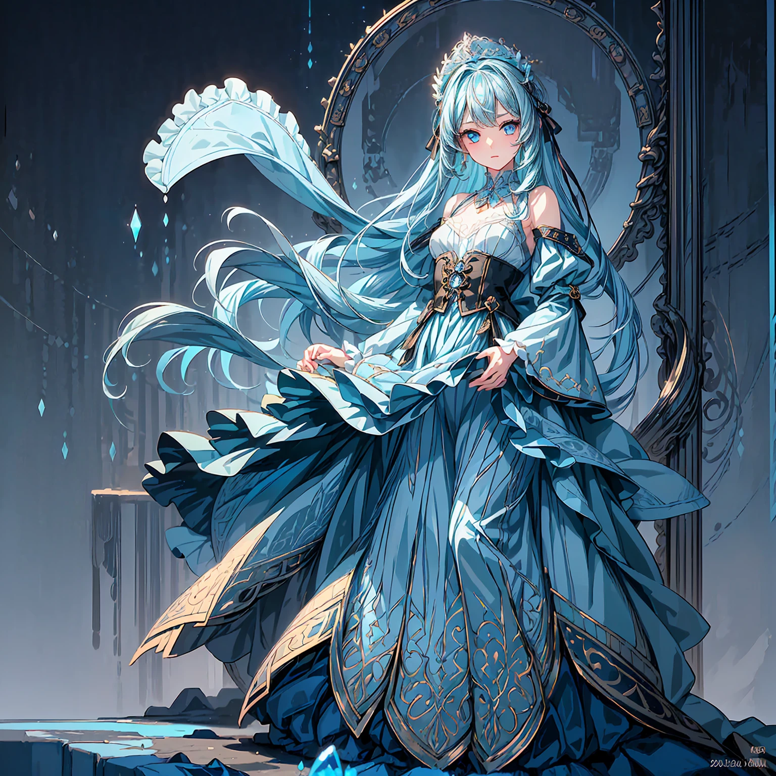 masterpiece, best quality, extremely detailed, (illustration, official art:1.1), 1 girl ,(((( light blue long hair)))), ,(((( light blue long hair)))),light blue hair, ,10 years old, long hair ((blush)) , cute face, big eyes, masterpiece, best quality,(((((a very delicate and beautiful girl))))),Amazing,beautiful detailed eyes,blunt bangs((((little delicate girl)))),tareme(true beautiful:1.2), sense of depth,dynamic angle,,,, affectionate smile, (true beautiful:1.2),,(tiny 1girl model:1.2),)(flat chest)),(((masterpiece, best quality, 8k resolution, sharp focus,(Masterpiece), (Masterpiece), (Best quality), (1 girl)), Amazing, Beautiful detail eyes, Fine details, Depth of field, Original, ((Best quality)), ((Super detailed)), (Best Illustration), (BEST lighting, Best shadow), (Very delicate and beautiful)), Very detailed wallpaper, Dream background, landscape, young girl, , full bodyesbian, Single, , Gothic, Sapphire eyes, long and flowing hair，Paired with half a sapphire, ahoge, Wavy shoulder-length sapphire hair, Sapphire hair accessories , Blue rose
,full body