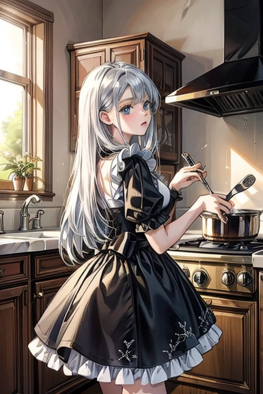 (8k, highest quality, Tabletop:1.2), Ultra-high resolution, One , Detailed face, blue eyes, Slightly droopy eyes, Silver long hair, Classic maid outfit in black and white, Luxurious Western-style house kitchen, Cooking, Stirring the ingredients in the pot