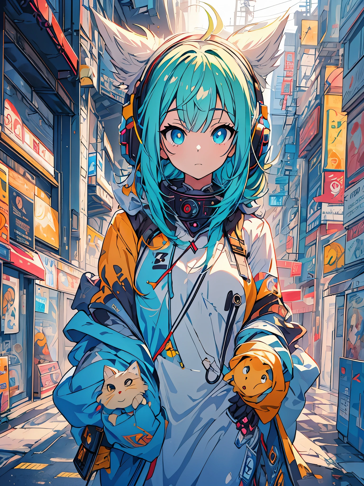 garota anime com roupa futurista com orelhas de gato e fones de ouvido, linda garota com partes ciborgue, Arte digital de anime cyberpunk, garota de anime cyberpunk mech, female, linda garota ciborgue, perfect android girl, portrait anime space cadet girl, corpo inteiro, decote, jaqueta bolha, olhos vermelhos, tatuagem nas pernas, seios grandes, tenis de cano alto
