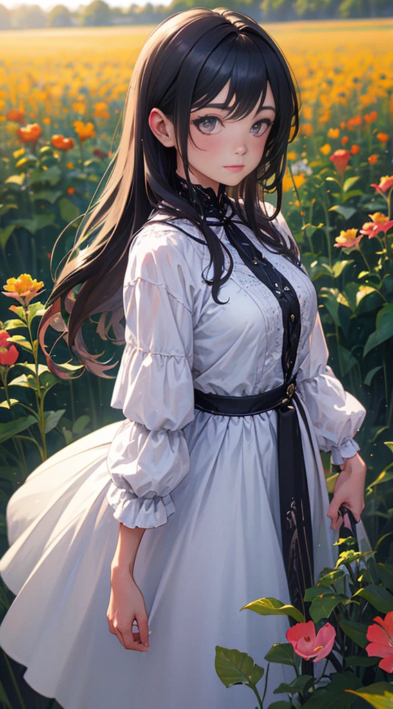 a woman in the background surrounded by a field of flowers