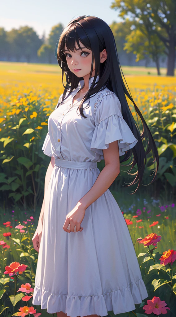 a woman in the background surrounded by a field of flowers