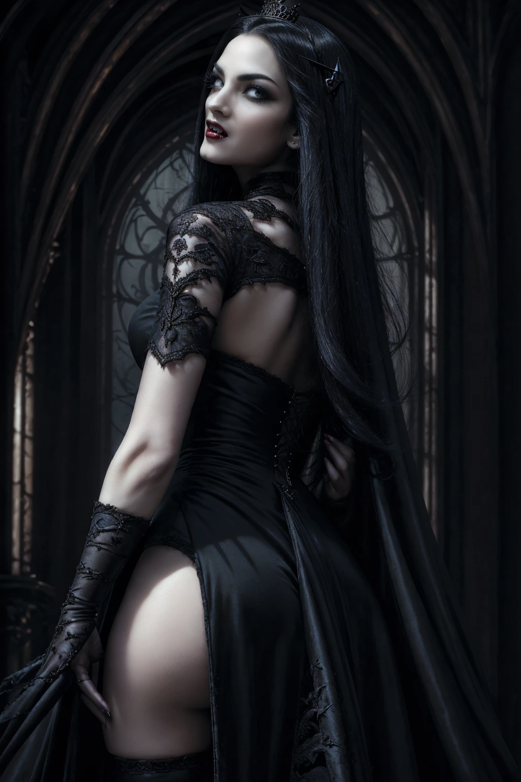 absurdres, ((stunning female Vampire))), goth Renaissance, (long black hair:1.erfect and detailed angular sharp oval shaped face, ((redeyes)), jewelry, red and black tetradic colors, full lips, gothic castle background, (solo), perfect anatomy, approaching perfection, ethereal, intricate details, ultra-high definition, 12k resolution, goth aesthetic, smooth, sharp focus, dreamy, glowing, backlit, glamour, glimmer, fantastical, shadows, smooth, Gothic crown,backwards, looking back  perfect hands