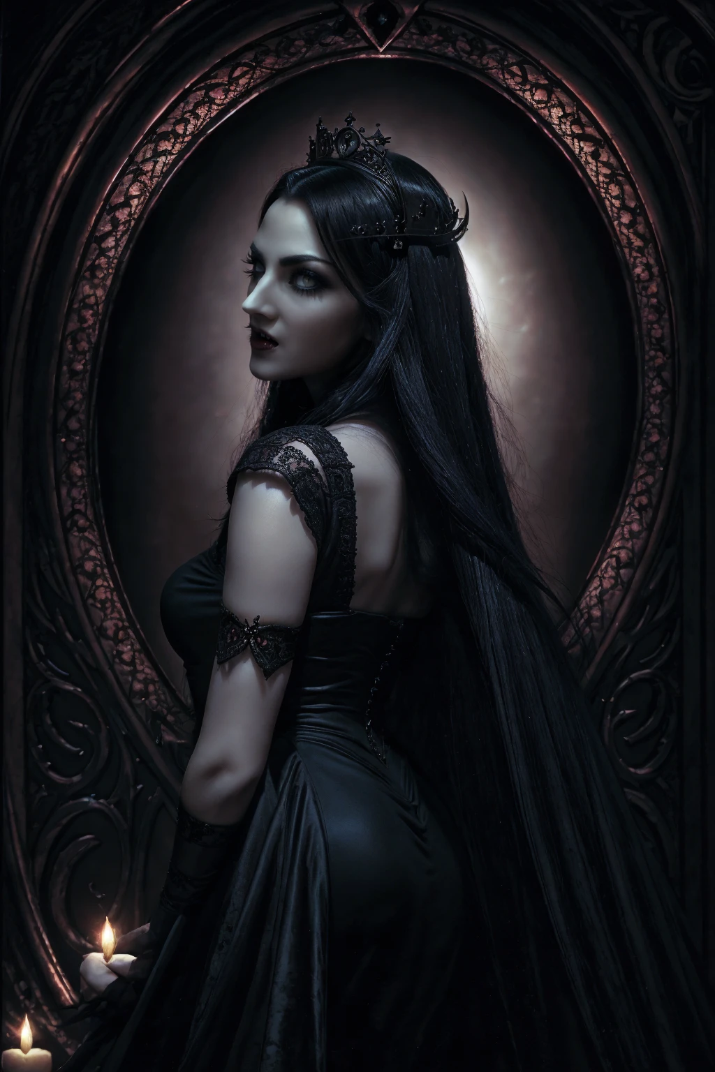 absurdres, ((stunning female Vampire))), goth Renaissance, (long black hair:1.erfect and detailed angular sharp oval shaped face, ((redeyes)), jewelry, red and black tetradic colors, full lips, gothic castle background, (solo), perfect anatomy, approaching perfection, ethereal, intricate details, ultra-high definition, 12k resolution, goth aesthetic, smooth, sharp focus, dreamy, glowing, backlit, glamour, glimmer, fantastical, shadows, smooth, Gothic crown,backwards, looking back  perfect hands