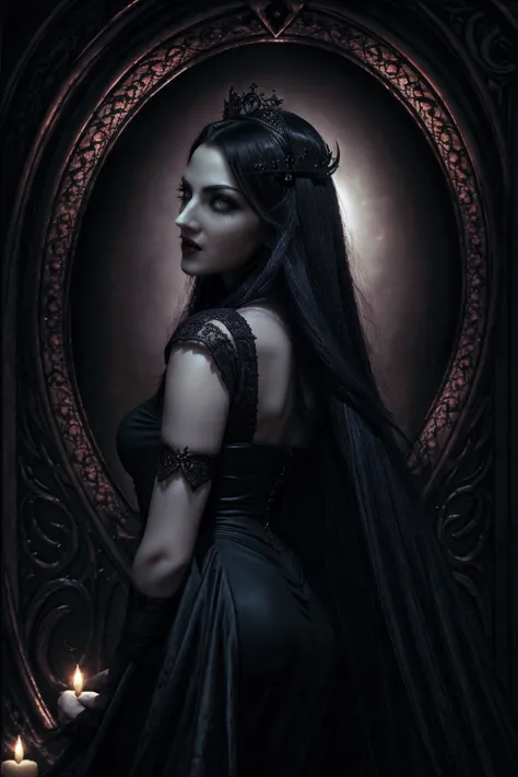 absurdres, ((stunning female vampire))), goth renaissance, (long black hair:1.erfect and detailed angular sharp oval shaped face...