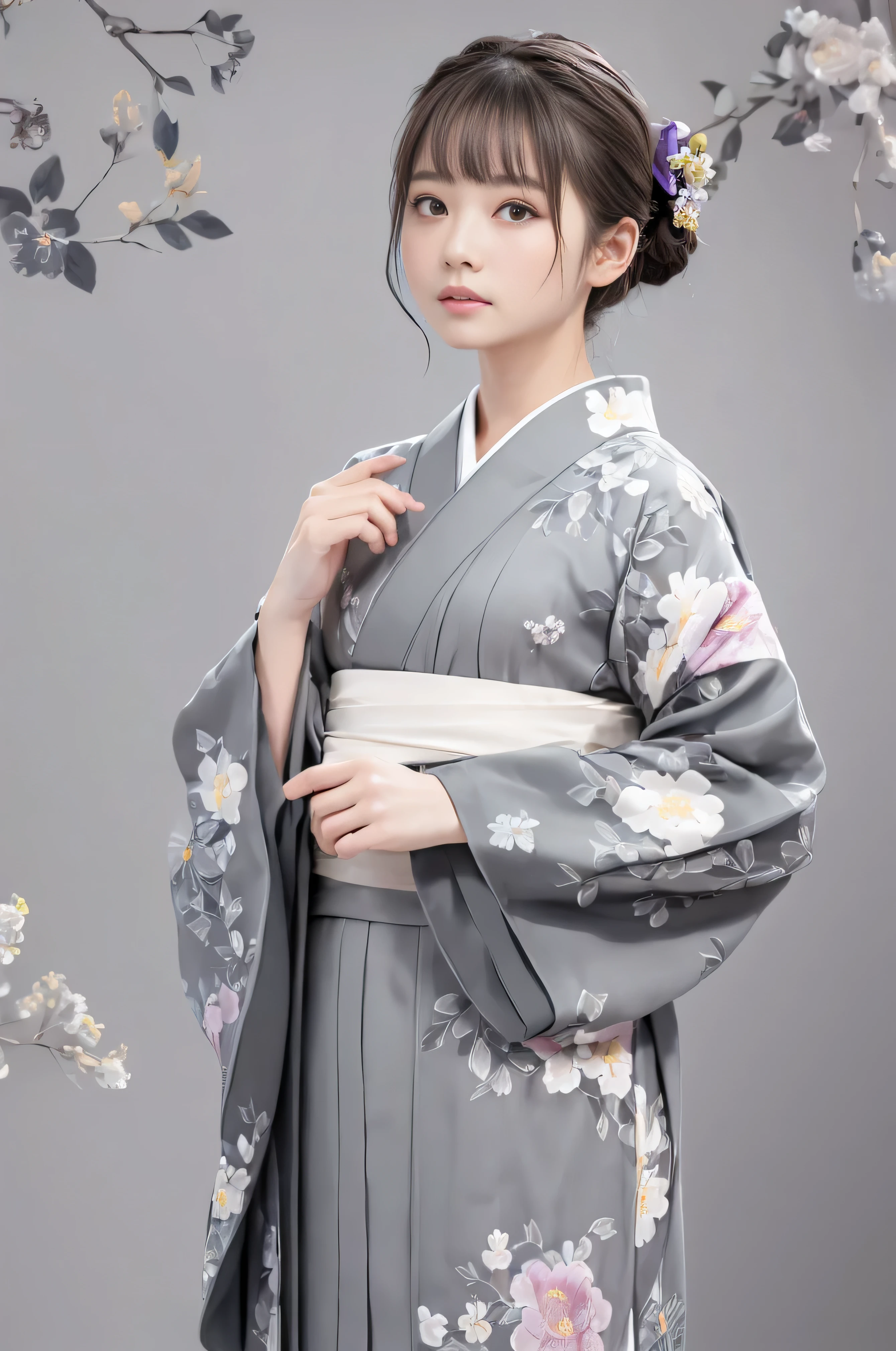 (((fondo floral gris:1.3)))、de la máxima calidad, Mesa, alta resolución, (((Una chica))), 16 años de edad,(((Los ojos son grises.:1.3)))、kimono gris、((hermoso kimono gris)), Efecto Tyndall, Realista, Estudio de sombras,Iluminación ultramarina, Iluminación de doble tono, (Máscaras de alta definición: 1.2)、Iluminación de colores pálidos、tenue iluminación、 Cámaras réflex digitales, fotografía, alta resolución, 4k, 8k, Desenfoque de fondo,Desvanecerse maravillosamente、mundo de flores grises