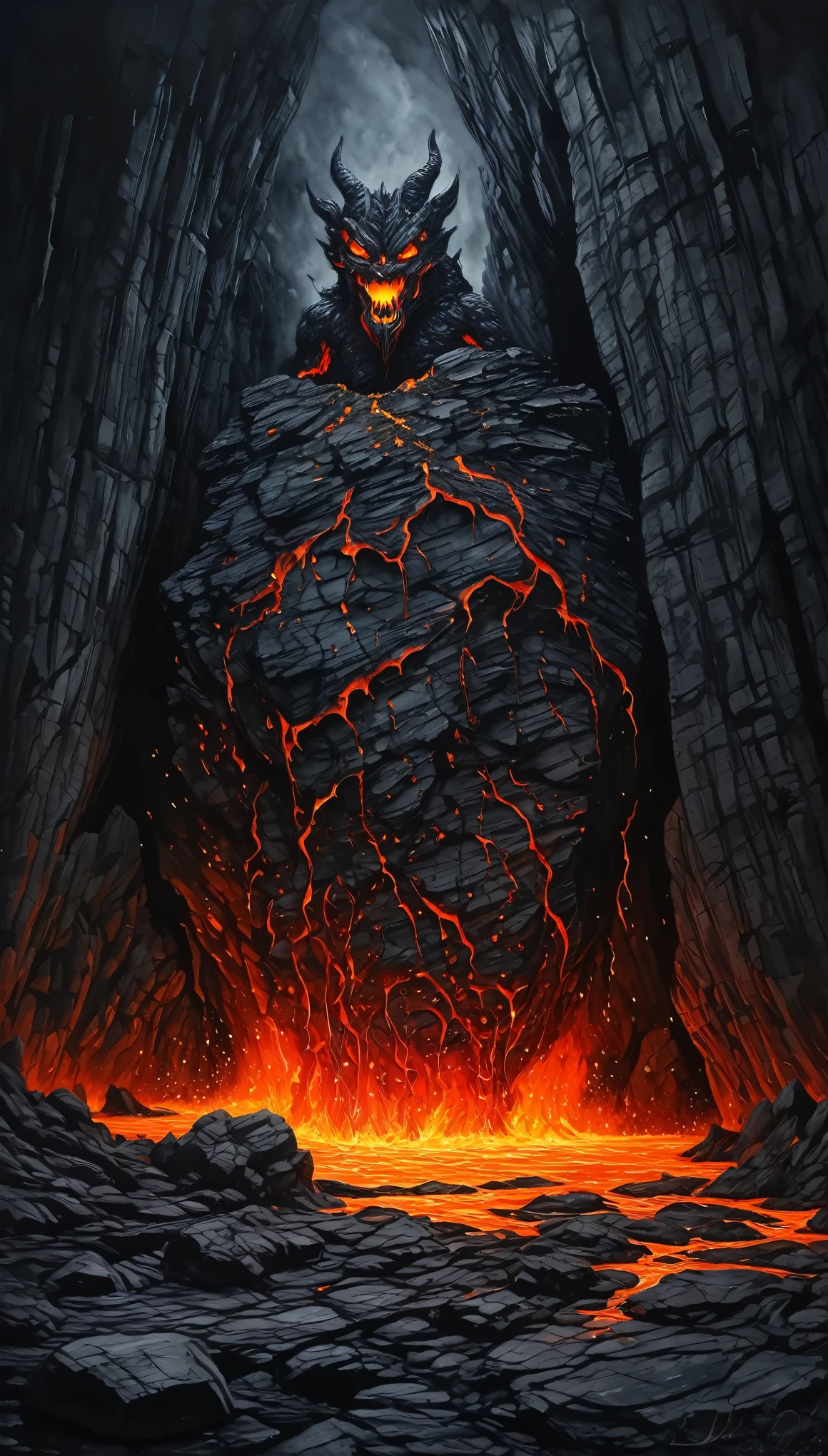 fusion of oil painting and watercolor painting, best quality, super fine, 16k, incredibly absurdres, extremely detailed, delicate and dynamic, dark horror fantasy, darkness, lava overflowing from crack in the rock, gradually forming into the shape of demon, mushy shape, demon made of lava, like hell