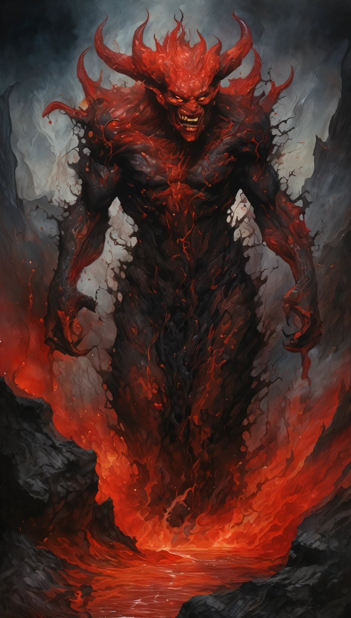 fusion of oil painting and watercolor painting, best quality, super fine, 16k, incredibly absurdres, extremely detailed, delicate and dynamic, dark horror fantasy, darkness, demon muddy with red lava, lava overflowing from crack in the rock, gradually forming into the shape of demon, mushy shape, demon made of lava, like hell