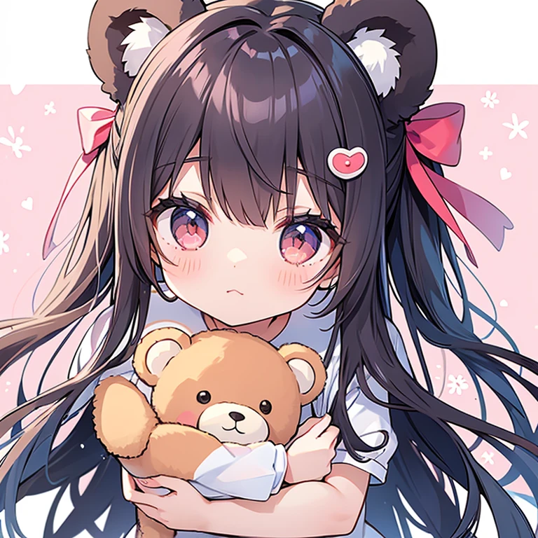 Half-up single bang、Extremely long hair,Baby Face,teddy bear,Lovely,Girl&#39;s Room,Modern,Cream colored hair、Glowing pink eyes,White ruffled skirt,Black hoodie,Moe sleeves,Wearing a cream-colored cardigan,Jito Order,look at me and smile kindly,high resolution,Sitting on the bed,high quality,Moe sleeves