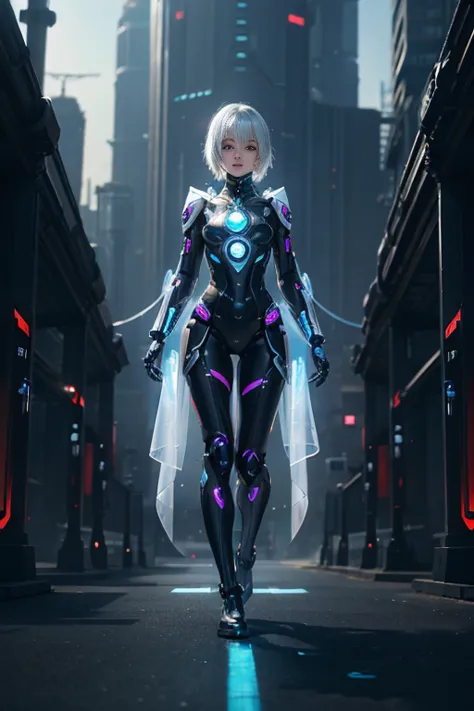 A translucent and mysterious mechanical girl, Futuristic Girl, Mechanical joint, Futuristic city background, Full Body Shot