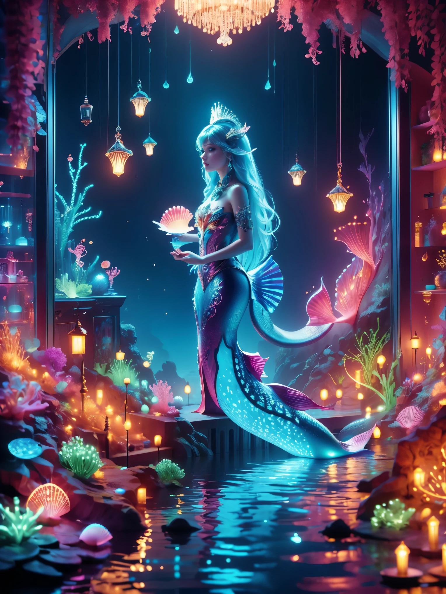 (Neon)，Circuit Board，(Underwater castle), Glowing coral, Aquatic plants, Elegant fish, Vibrant colors, (Brightly lit, illuminate), Scenes, central, (Gorgeous shell throne), (Exquisite mermaid queen:1.3), (Delicate face), Decorated with pearl and shell jewelry, Loyal subjects, Dolphin pulling cart, Castle Palace，This magical scene is full of the essence of the fantasy world, Fine fractal，smooth，vivid，Color ink，Shiny silhouette，(ultra HD, masterpiece, precise, Anatomically correct, textured skin, High Detail, high quality, The award-winning, 8K), Super detailed, (1.4 times more realism)