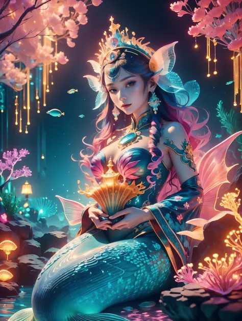 (Neon), Circuit Board, (Underwater castle), Glowing coral, Aquatic plants, Elegant fish, Vibrant colors, (Brightly lit, illuminate), Scenes, central, (Gorgeous shell throne), (Exquisite mermaid queen:1.3), (Delicate face), Decorated with pearl and shell je...