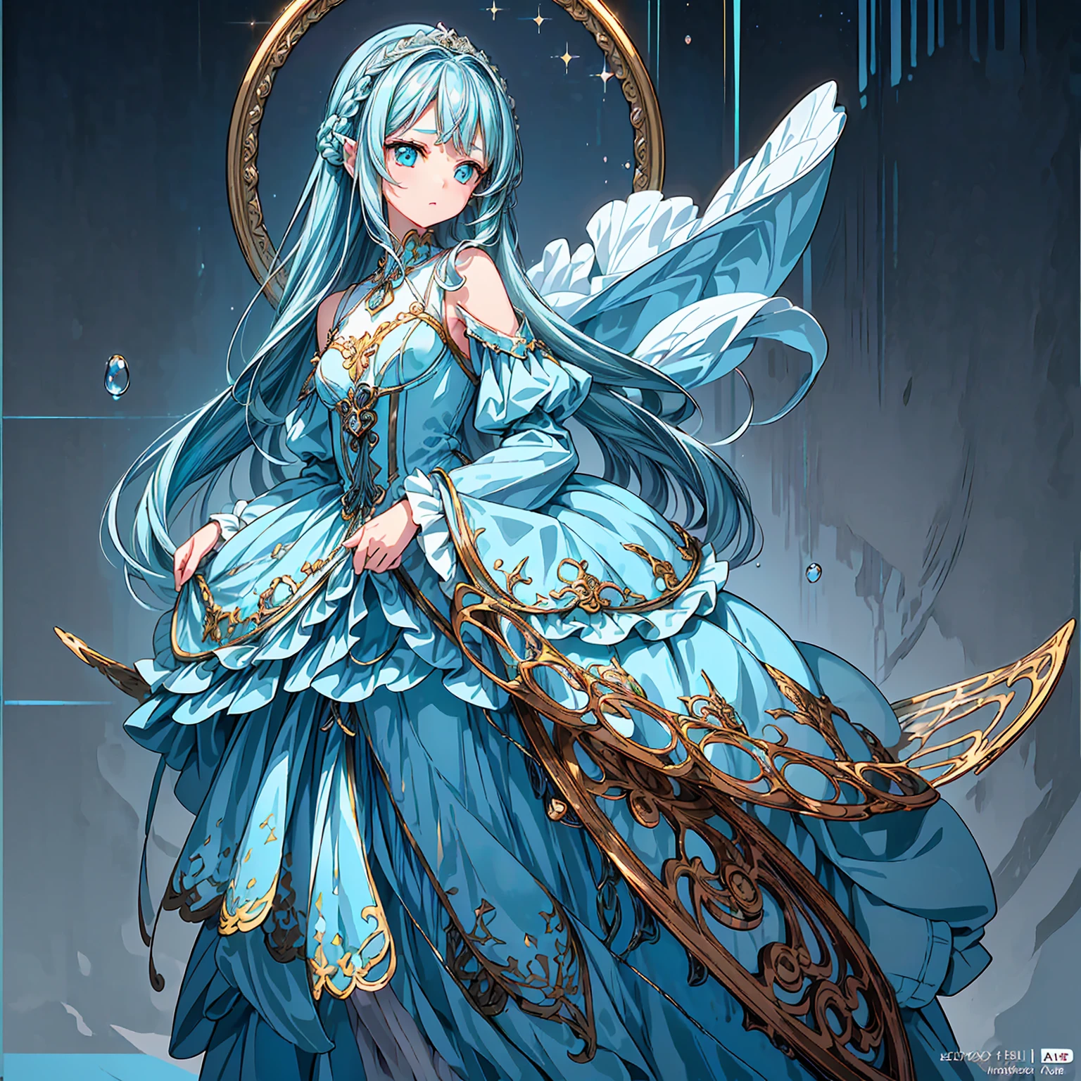 masterpiece, best quality, extremely detailed, (illustration, official art:1.1), 1 girl ,(((( light blue long hair)))), ,(((( light blue long hair)))),light blue hair, ,, long hair ((blush)) , cute face, big eyes, masterpiece, best quality,(((((a very delicate and beautiful girl))))),Amazing,beautiful detailed eyes,blunt bangs((((little delicate girl)))),tareme(true beautiful:1.2), sense of depth,dynamic angle,,,, affectionate smile, (true beautiful:1.2),,(tiny 1girl model:1.2),)(flat chest)),(((masterpiece, best quality, 8k resolution, sharp focus,(Masterpiece), (Best quality), (1 girl)), Amazing, Beautiful detail eyes,masterpiece, best quality, 8k resolution, sharp focus, intricate detail, beautiful girl, sparkling eyes, golden ratio face, otherworldly liquid, watercolor, pastel colors, bright colors, whimsical, colorful, sharp focus, high resolution, fine detail, ((layered tiered puffy long sleeves ballgown)), ((round eyes)), iridescent bubbles, fantasia background,full body,