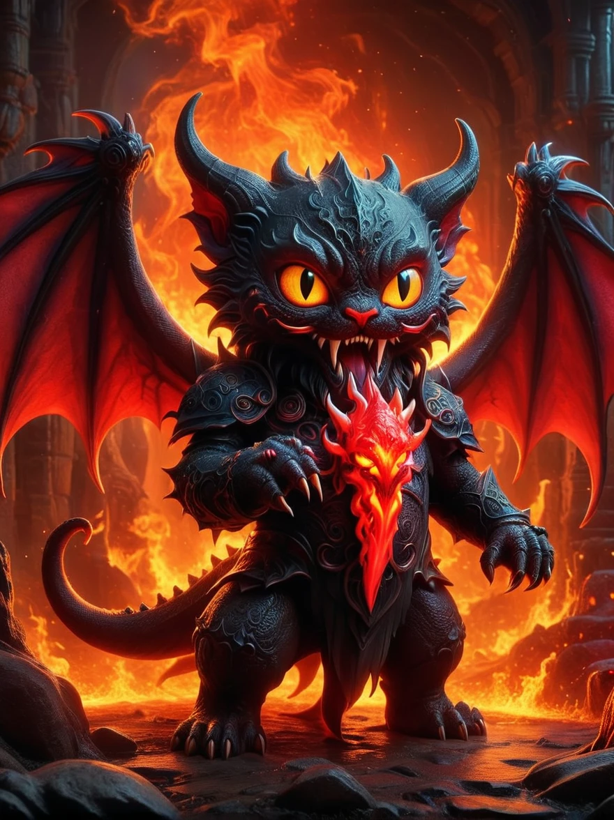 (1 demon whose body is made of lava:1.5)，Deep red，With menacing horns and glowing eyes，(Half squatting on the ground:1.5)，(The claws tightly grasped a gleaming sharp trident)，(It has a large amount of gold coins and precious gems)，To symbolize its wealth，On the surrounding ground，(Filled with all kinds of currency, jewels and treasures:1.9)，Exudes an alluring glow，This eerie scene is set against a dark and ominous backdrop of a lava cave.，Creating a disturbing yet mesmerizing effect