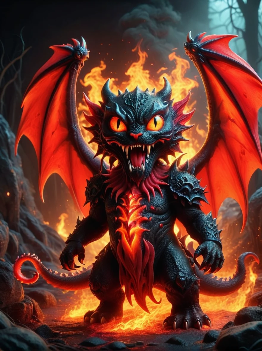 (1 demon whose body is made of lava:1.5)，Deep red，With menacing horns and glowing eyes，(Half squatting on the ground:1.5)，(The claws tightly grasped a gleaming sharp trident)，(It has a large amount of gold coins and precious gems)，To symbolize its wealth，On the surrounding ground，(Filled with all kinds of currency, jewels and treasures:1.9)，Exudes an alluring glow，This eerie scene is set against a dark and ominous backdrop of a lava cave.，Creating a disturbing yet mesmerizing effect