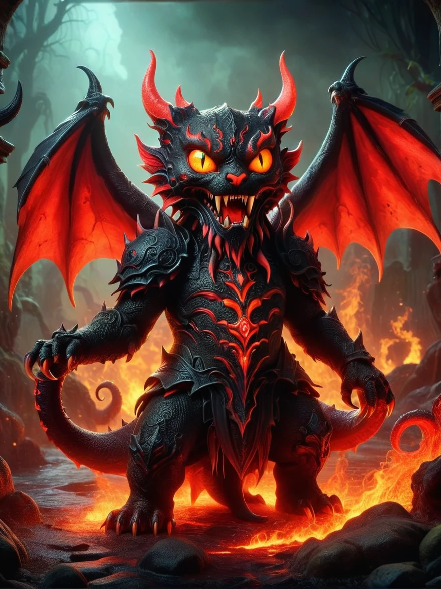 (1 demon whose body is made of lava:1.5)，Deep red，With menacing horns and glowing eyes，(Half squatting on the ground:1.5)，(The claws tightly grasped a gleaming sharp trident)，(It has a large amount of gold coins and precious gems)，To symbolize its wealth，On the surrounding ground，(Filled with all kinds of currency, jewels and treasures:1.9)，Exudes an alluring glow，This eerie scene is set against a dark and ominous backdrop of a lava cave.，Creating a disturbing yet mesmerizing effect