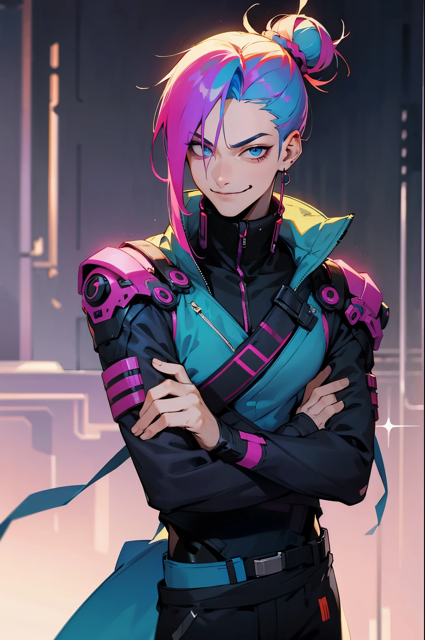 cyberpunk, mutli colored hair, two toned hair, random colored hair,young male, boy , slim, smirk, hair in bun
