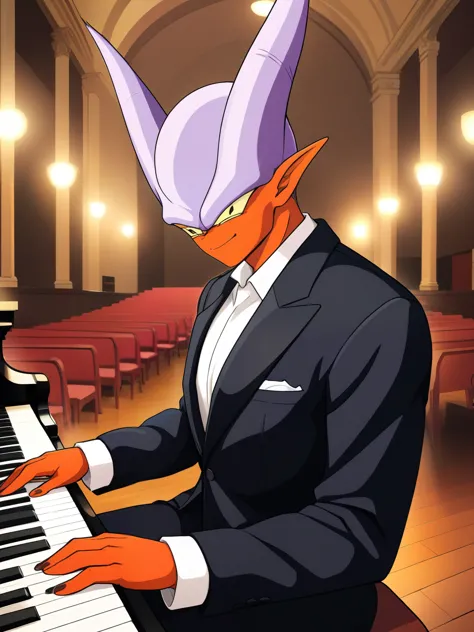 (best quality,4k,8k,highres, detailed,Janemba,masterpiece:1.2),ultra-detailed,realistic, HDR, sharp focus, professional, vivid colors, bokeh, Janemba wearing a black suit, playing the piano, elegant outfit, intricate detail, Grand Piano, polished wood surf...