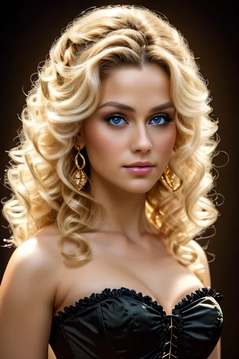 a shot of the 30-year-old princess, blonde curly hair, black eye, wearing a black corset dress､gold detail, xl bust, background:...