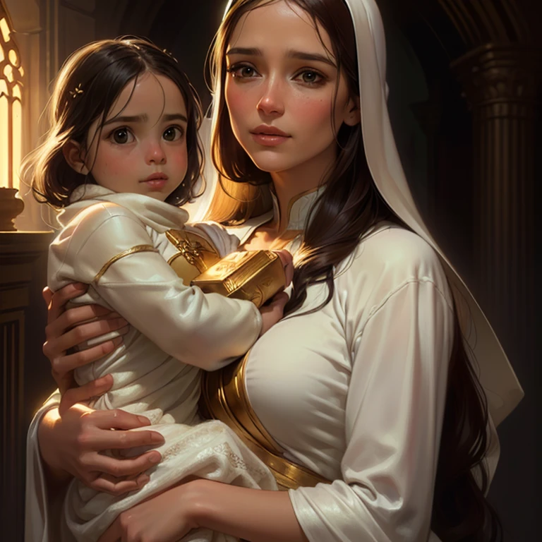 Arafed image of a woman holding the baby Jesus in her arms, by Pablo Munoz Gomez, por Marek Okon, Rob Rey, magali villeneuve&#39;, Virgin Mary, artista grafica magali villeneuve, Artgerm y William Bouguereau, portrait of Virgin Mary, by Roman Bezpalkiv, pintura detallada 4k