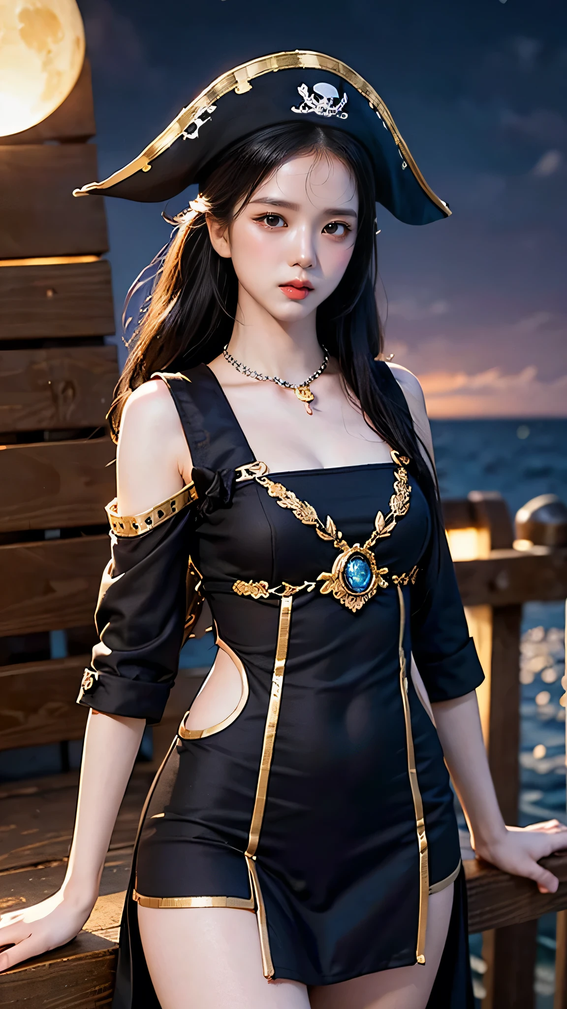 (best quality,ultra-detailed,realistic:1.37),Jisoo Blackpink in a pirate costume,pirate hat,tailored pirate outfit,striking pose,mesmerizing expression,swaggering walk,golden thread embroideries,flowing black hair,captivating eyes,beautiful detailed lips,strong and confident gaze,pirate ship on a stormy sea,dark and mysterious atmosphere,fierce sea waves crashing against the ship,stormy clouds in the sky,palm trees swaying in the wind on a distant island,golden treasure chest overflowing with jewels and gold coins,sparkling diamond necklace around Jisoo's neck,silver earrings glimmering under the moonlight,glowing sunset colors highlighting the scene,soft warm lighting casting dramatic shadows,aurora borealis dancing in the sky,high contrast scene with deep blacks and vibrant colors,strong chiaroscuro lighting,rich textures and intricate details,realistic representation with fine brush strokes and subtle nuances,highly detailed pirate ship with worn-out sails and wooden planks,feathers and pearls adorning Jisoo's hat and costume,rum bottles and maps scattered on a table,add a touch of mystery and adventure,portray Jisoo's fierce and fearless spirit,emphasize Jisoo's elegance and beauty in the pirate setting,immerse the viewer in the thrilling world of pirates.